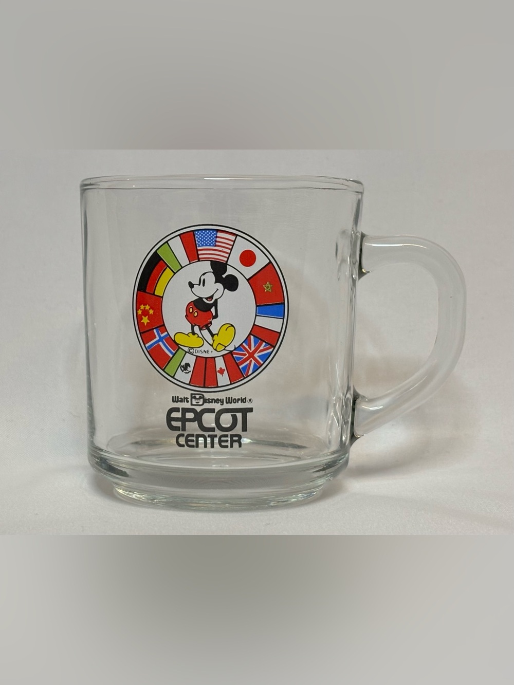 Vintage 80’s Disney Clear Glass EPCOT Center Mug Multicolor World Flags Mickey